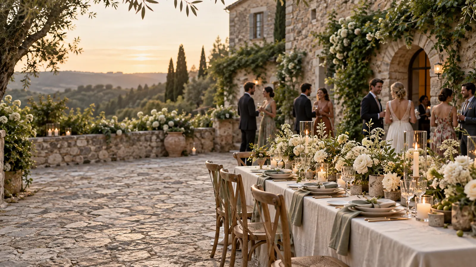 Guests gathering at a wedding reception in a stone courtyard