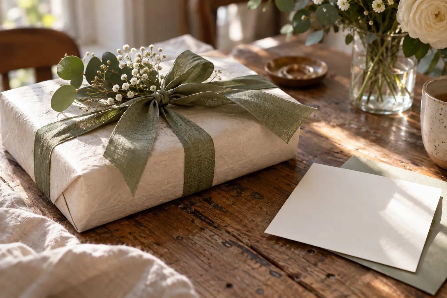 Wedding present tied with a muted green ribbon beside a blank card