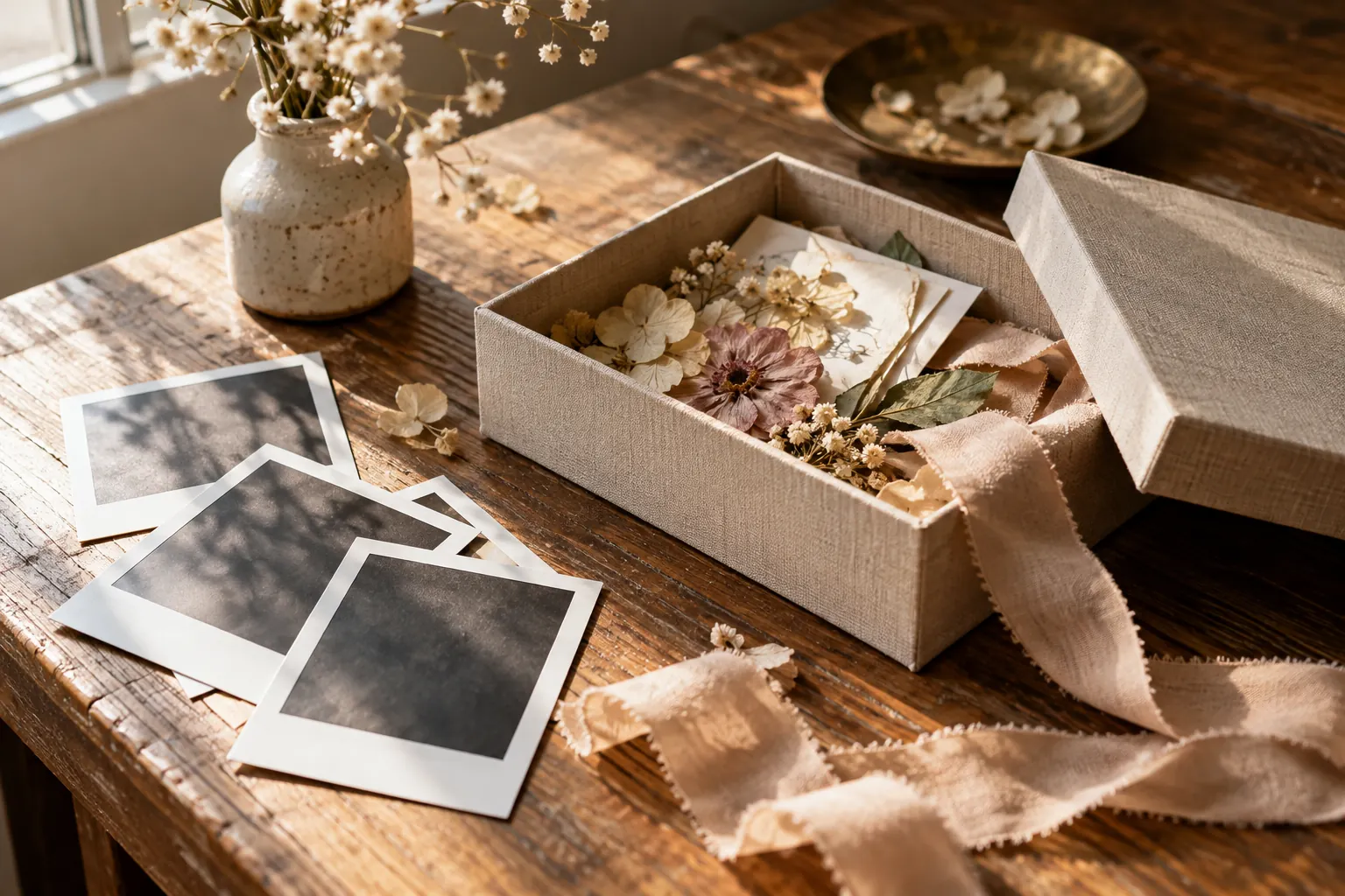 Wedding photographs and dried flowers in a keepsake box
