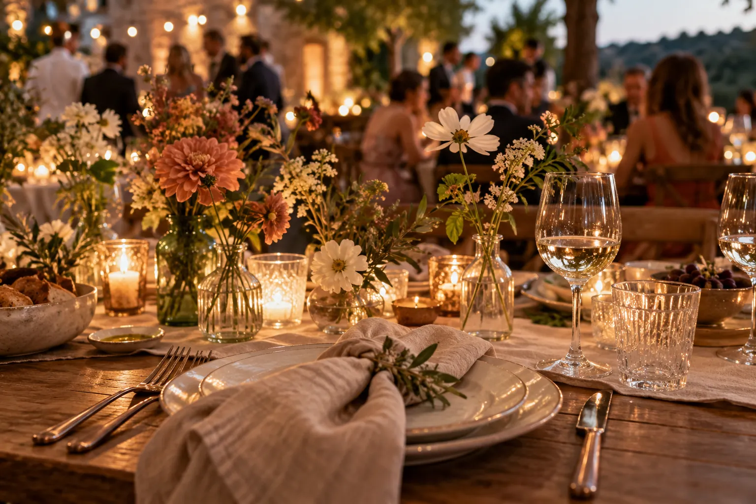 Warm reception place setting with flowers and linen