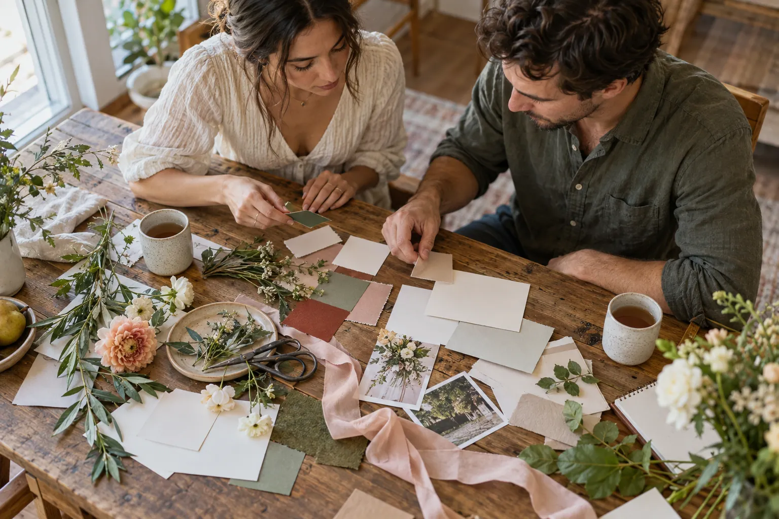 Couple sorting stationery and flowers while planning at a table