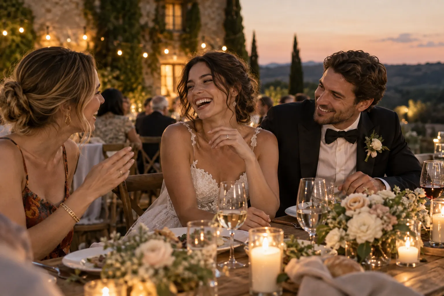 Guests laughing together at a warm evening wedding reception