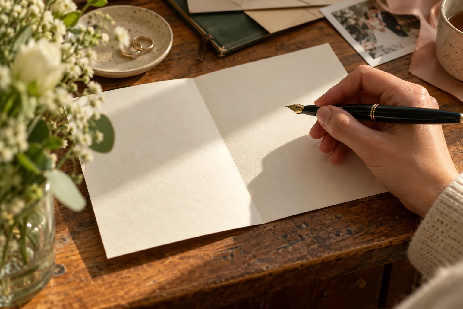Handwriting a message in an open ivory wedding card